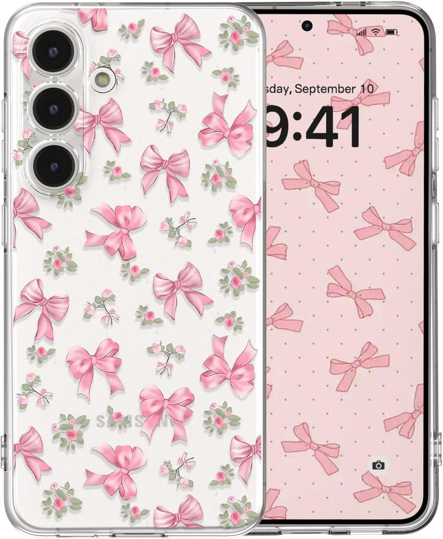 for Samsung Galaxy S25 Plus Case Cute Bow Floral Aesthetic Clear Ribbon Pattern for Women Girls, Girly Transparent Soft Slim TPU Bumper Shockproof Protective Cover - Bows