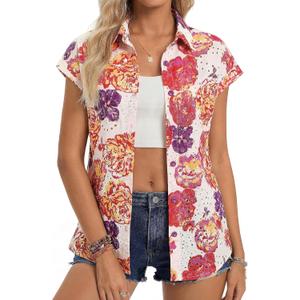 GRACE KARIN Floral Eyelet Spring Summer Tops for Women,2026 V Neck Dressy Casual Shirts,Boho Button Down Short Sleeve Blouses (XXL)