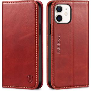 SHIELDON Wallet Case for iPhone 12 Pro 6.1", Genuine Leather Folio Case Kickstand and RFID Blocking Credit Card Slots Magnetic Closure Compatible with iPhone 12/12 Pro - Retro Red