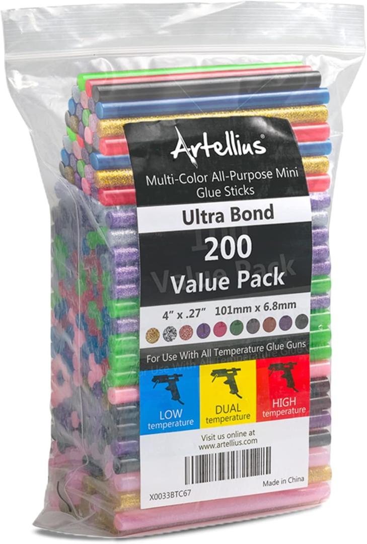 200 Pack Color Hot Glue Sticks. Variety Colored Hot Glue Dispenser Stick. Hot Melt Adhesive Mini Glues Sticks for DIY Art Craft Repair Bonding Bulk Gold Black Yellow Pink Red Purple