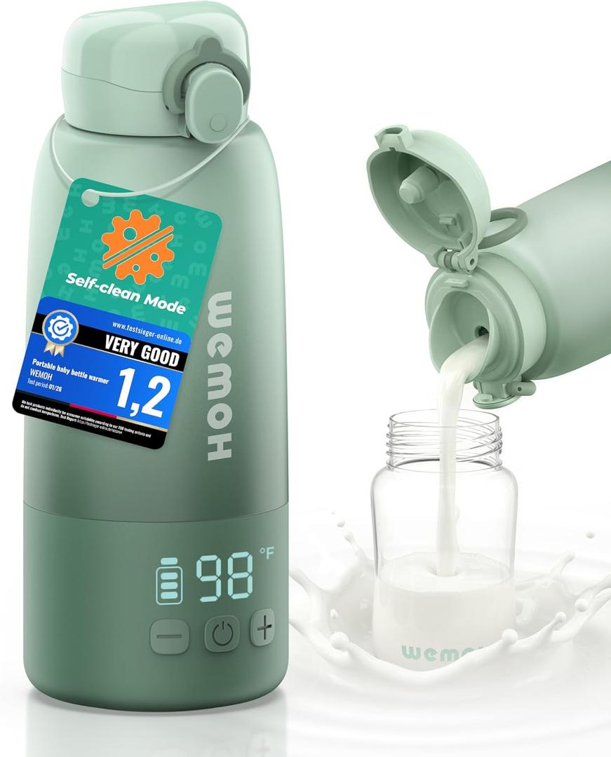 Upgraded Portable Milk Warmer with Self-Clean Function, 110W Fast Heating for Breast Milk & Formula, 16oz Large Capacity Travel Bottle Warmer, USB-C Fast Charge, Ideal for Hiking, Flights & Car Use (Green)