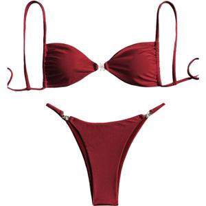 RoseSeek Women's 2 Piece Swimsuit Starfish Decor Padded Boho Bathing Suit Spaghetti Strap Bikini Set (Red, L)