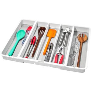 madesmart Expandable Utensil Tray-White | Classic Collection | 5-Compartments | Kitchen Organizer | Soft-Grip Lining and Non-Slip Rubber Feet | Easy to Clean | BPA-Free