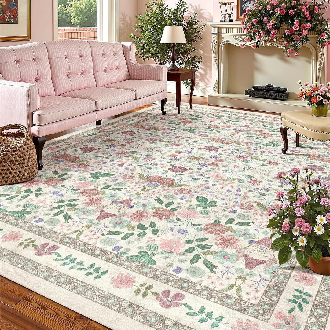 Deerly Floral Washable Rugs 8x10 Large Vintage Living Room Carpet Boho Non-Slip Soft Low Pile Thin Bedroom Floor Mat Indoor for Dining Room Playroom Nursery Farmhouse, Beige/Light Pink/Multi