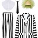 WATCPNO 6 Pcs Scary Halloween Costumes for Men - Black and White Striped Suit 80s Horror Cosplay Party Outfit (XL)