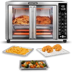 Gourmia French Door Air Fryer – 25 Qt Large Capacity Convection Oven, Fryfroce 360°, Digital Display with 17 Cooking Presets, Bake, Toast, Roast, Dehydrate, Fits 12” Pizza