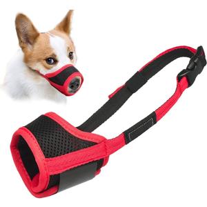 LUCKYPAW Dog Muzzle Anti Biting Barking and Chewing with Comfortable Mesh Soft Fabric and Adjustable Strap, Suitable for Small, Medium and Large Dogs(Red Trim,XS) (XS-Snout(3-4"))