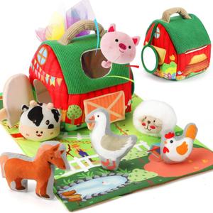 Baby Toys 6-12 Months, Montessori Toys for 1 2 Years Old Babies | Surprise Barn Stuffed Farm Animals Rattle Crinkle Mirror Sensory Balls for Toddlers 1-3, Baby Boy Girl Birthday Gifts