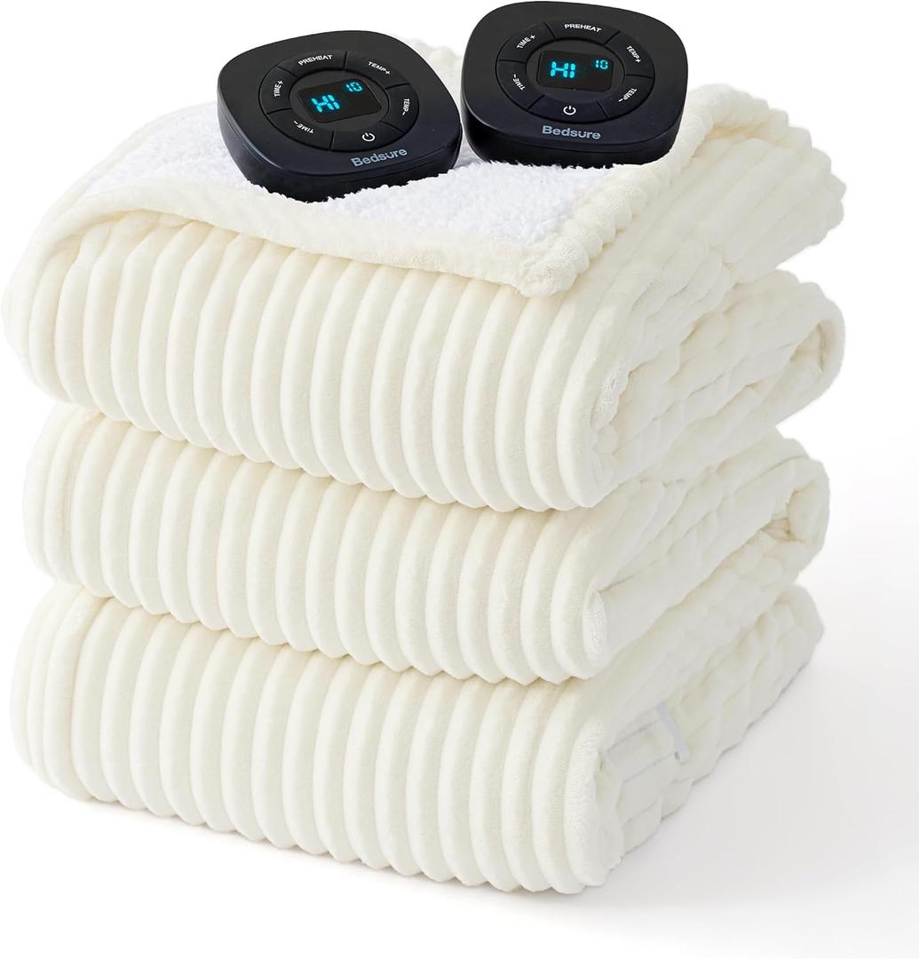 Bedsure GentleSoft Electric Blanket Queen Size - Soft Ribbed Flannel Heated Blanket with Dual Control, 10 Heat Settings, 10 Time Settings, 8 hrs Timer Auto Shut Off (84x90 inches, Coconut White)