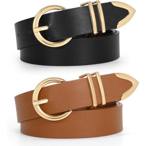 VONMELLI 2 Pack Women's Leather Belts for Jeans Dresses Fashion Gold Buckle Ladies Belt (Brown)