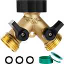 Dalmbox Garden Hose Splitter 2 Way, Y Connector Brass Garden Hose Adapter, Water Hose Splitter, Double Shut Off Valve, Includes 3 Rubber Washers & Teflon Tape(1 pack)