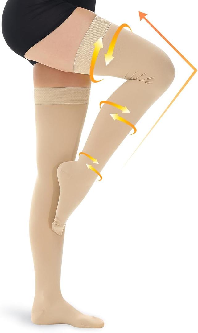 beister 15-20 mmHg Medical Compression Stockings with Dot Silicone Band, Closed Toe Thigh High Graduated Compression Socks for Women Men, Circulation Support Pressure Stockings for Varicose Veins, DVT (XXL, Beige)