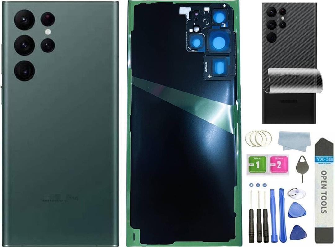 Galaxy S22 Ultra Back Glass Replacement for Samsung Galaxy S22 Ultra Back Cover Glass with Pre-Installed Tape and Camera Lens +Rear Protective Film +Tools (Green)