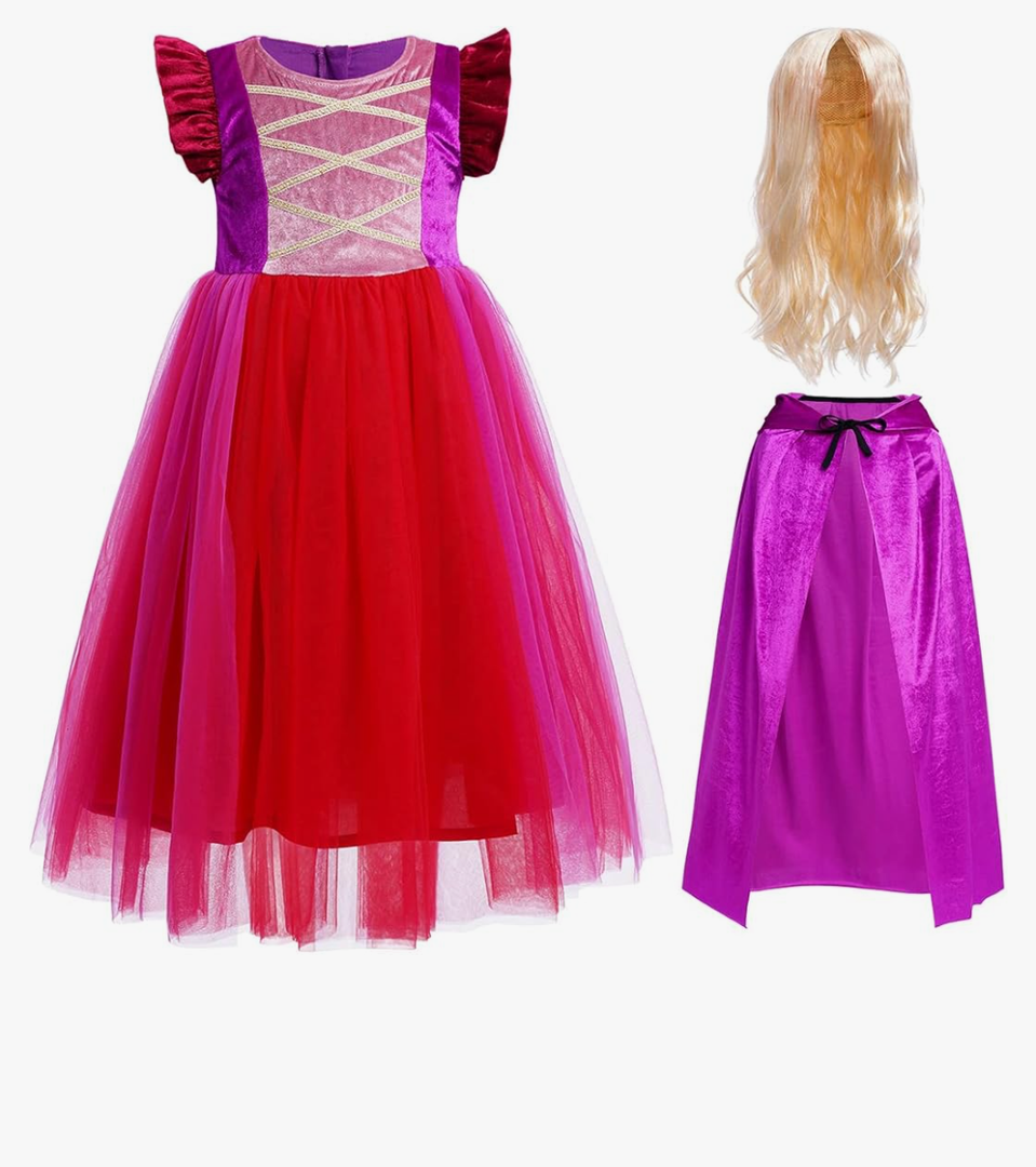 IBTOM CASTLE Kids Girls Halloween Costume Witch Tulle Dress Velvet Hooded Cloak Wigs Set Carnival Fancy Dress Up Outfit, 110