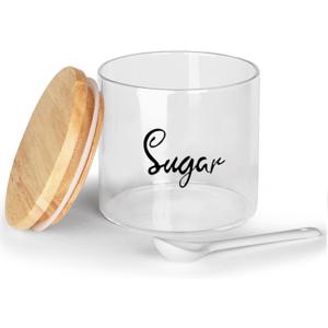 HAOTOP Clear Glass Condiment Pots with Spoon Wooden Lid and Silicone Sealing, Farmhouse Container Jar Dispenser Holder for Home Kitchen,12 oz Labeled Sugar