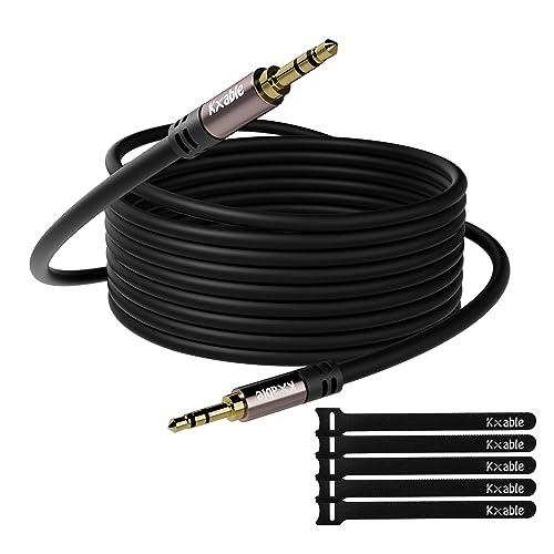 Kxable 3.5mm Auxiliary Audio Stereo Cable 25 Feet, Long Male to Male Aux Cord, Gold Plated Connectors, OFC Core, Black Cable (with 5 pcs Cable Ties) - 25ft