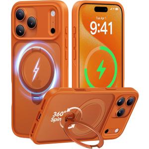 CASEKOO Orange for 17 Pro Max Case with 360 Spin Magnetic Stand [Camera Protection] [18FT Military Grade Protection] [Fit for MagSafe] Ring Grip Slim Matte 17 ProMax Case 6.9 Inch