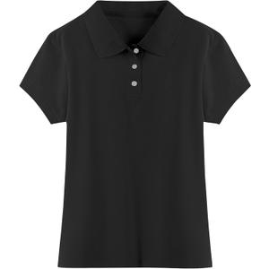 Girls Cotton Polo Shirt Kids Golf Shirt School Uniform Short (Age 5-14Y) (Black)