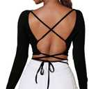 Verdusa Women's Crisscross Tied Backless Long Sleeve Tee T Shirt Top Black Medium
