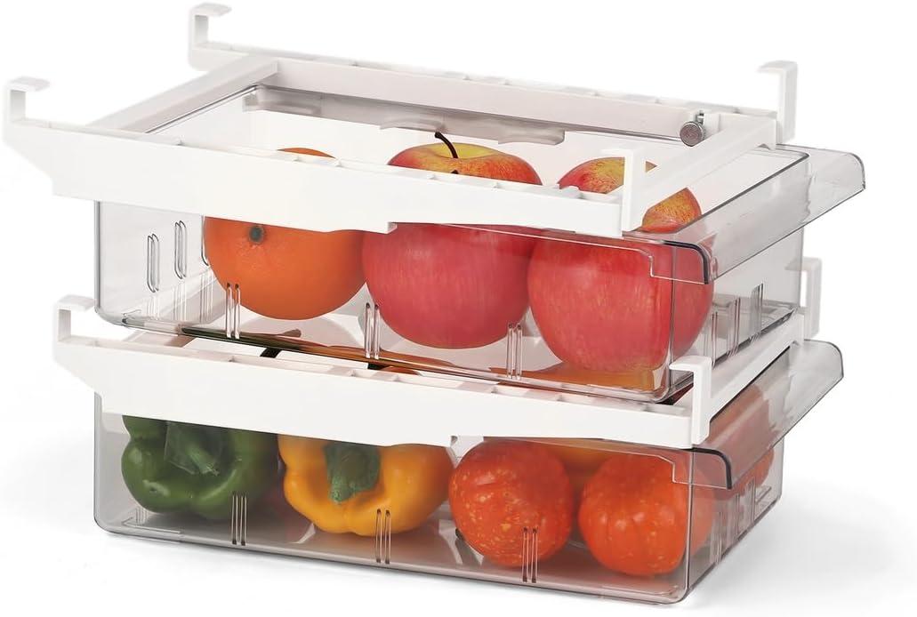 Fridge Drawer Organizers, Storage Bins, 2 Packs, Organizers with Handle, Partition Plates and Freezer Bins for Eggs, Fruits, Vegetables, Pull-Out Fridge Organizers