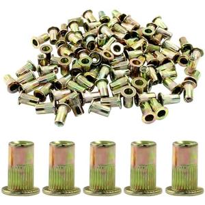 100 Pcs 6-32 UNC Rivet Nut, Carbon Steel Flat Head Rivnu, Threaded Rivets Nut Inserts for Automotive, Furniture