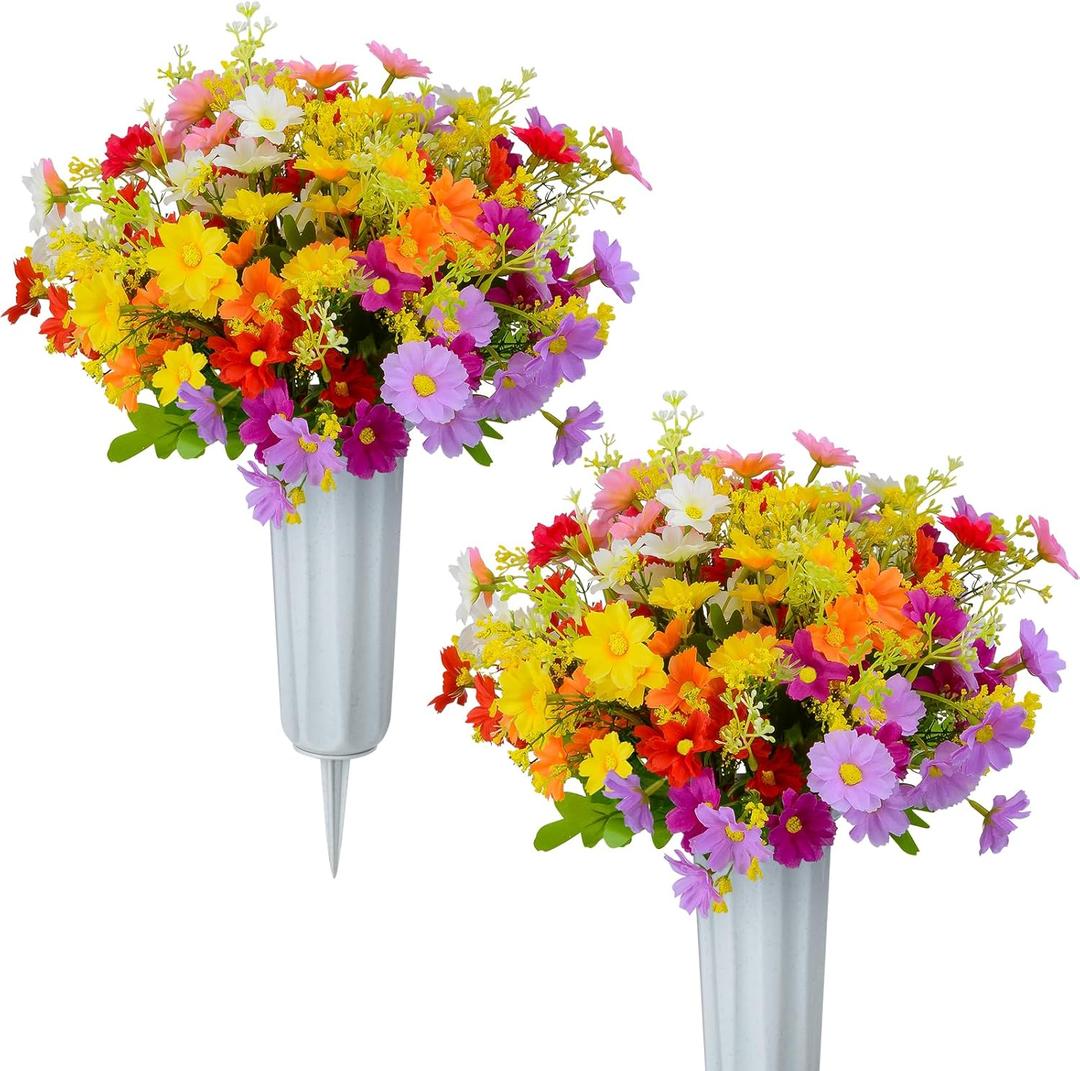 XONOR Artificial Cemetery Flowers Memorial Silk Daisy with Vase for Grave Headstone Decoration, Assorted Colors Daisy for Spring Summer Decoration
