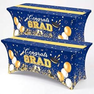 Newwiee 2 Pcs Graduation Spandex Stretch Table Cover 6 Feet Blue Gold Shiny Gongrats Grad Tablecover Rectangular Tablecloth for Graduation 2026 Party Decorations