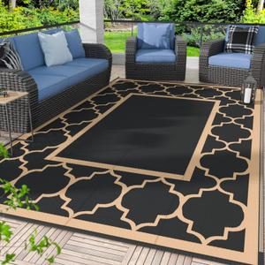GENIMO Outdoor Rug 9' x 12' Patio Waterproof, Foldable Reversible Plastic Straw Area Rugs Mat for Camper Decor, Outside Carpet for Rv, Deck, Porch, Picnic, Beach, Balcony, Black & Brown