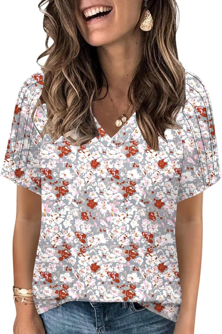 HAHIYOR Womens-Summer-Tops Casual V Neck T Shirts Trendy Pleated Short Sleeve Dressy Blouses Tunics Cute Tees S-2XL (XL)