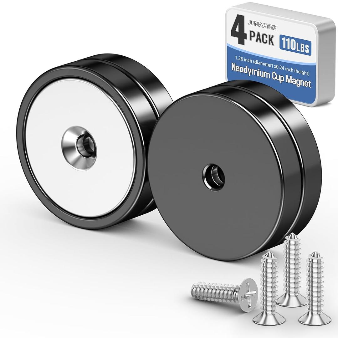 4 Pack Black Neodymium Magnets, 110 LBS Rare Earth Heavy Duty, Countersunk Hole, Round Shape, Utility Magnet