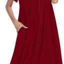Ekouaer Nightgowns for Women Short Sleeve House Dress with Pockets Soft Moomoo Pleated Mumu Dresses V Neck Sleepwear (Medium, Red)