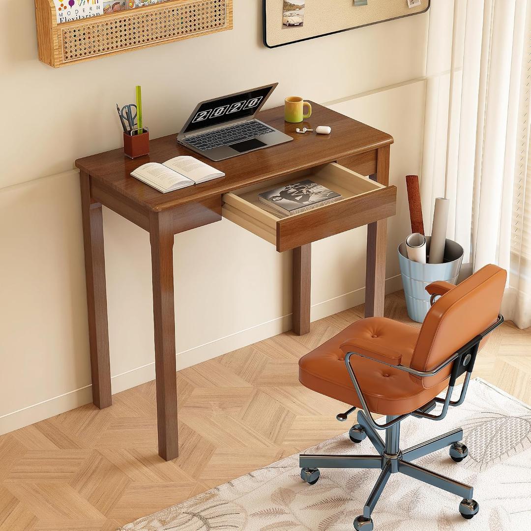 100% Solid Wood Desk with Drawers 32 x 16 Inch Mid Century Modern Narrow Desk Vintage Small Writing Wooden Desks for Small Spaces Bedroom, Living Room, Office, 31.5" x 15.7"
