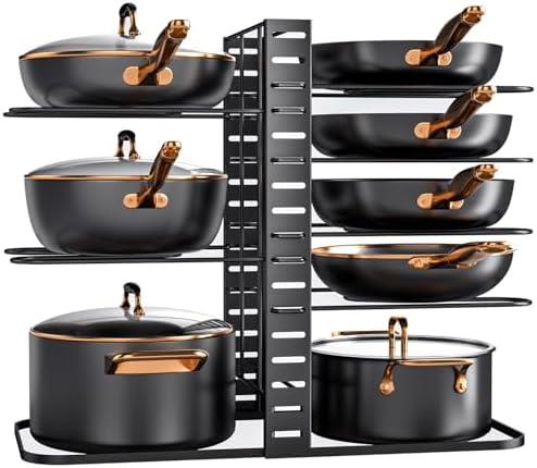 MUDEELA Pots and Pans Organizer Rack under Cabinet 14.55in Height, 8-Tiers Adjustable Pot Rack with 3 DIY Methods, Pot Lid Organizer inside Cabinet for Kitchen Pantry Organization and Storage