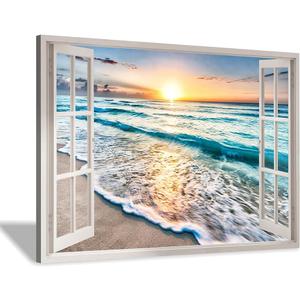 Hardy Gallery Open Window Sunset Beach Canvas Wall Art 36x24 Inch