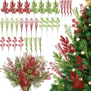 XunYee 32 Pcs Glitter Christmas Tree Picks Decorations Red and Lime Green Christmas Picks Artificial Xmas Berry Stems Branches Candy Shape Twigs for Xmas Tree Topper Vase Fillers Wreath Crafts