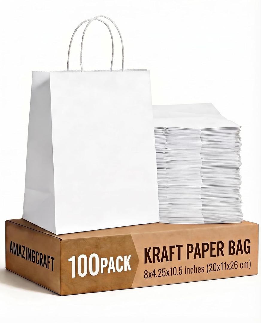 Amazingcraft Gift Bags 8x4.25x10.5 100Pcs White Paper Bags with Handles Bulk for Wedding, Party Favor, Grocery, Shopping, Retail, Merchandise Medium Kraft Paper Sacks
