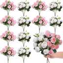 Zeyune 12 Bunches 12 in Mini Rose Artificial Flower Wedding Table Centerpieces Artificial Silk Roses Flower 120 Heads White and Pink Fake Bouquet for Bridal Shower Party Decoration