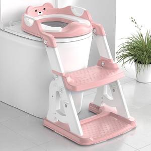 Meulife Potty Training Seat, Upgrade 2 in 1 Potty Training Toilet for Toddler, Toddler Toilet Seat for Boys Girls with Support Bar, AntiSlip Pad and Step Stool (Pink)