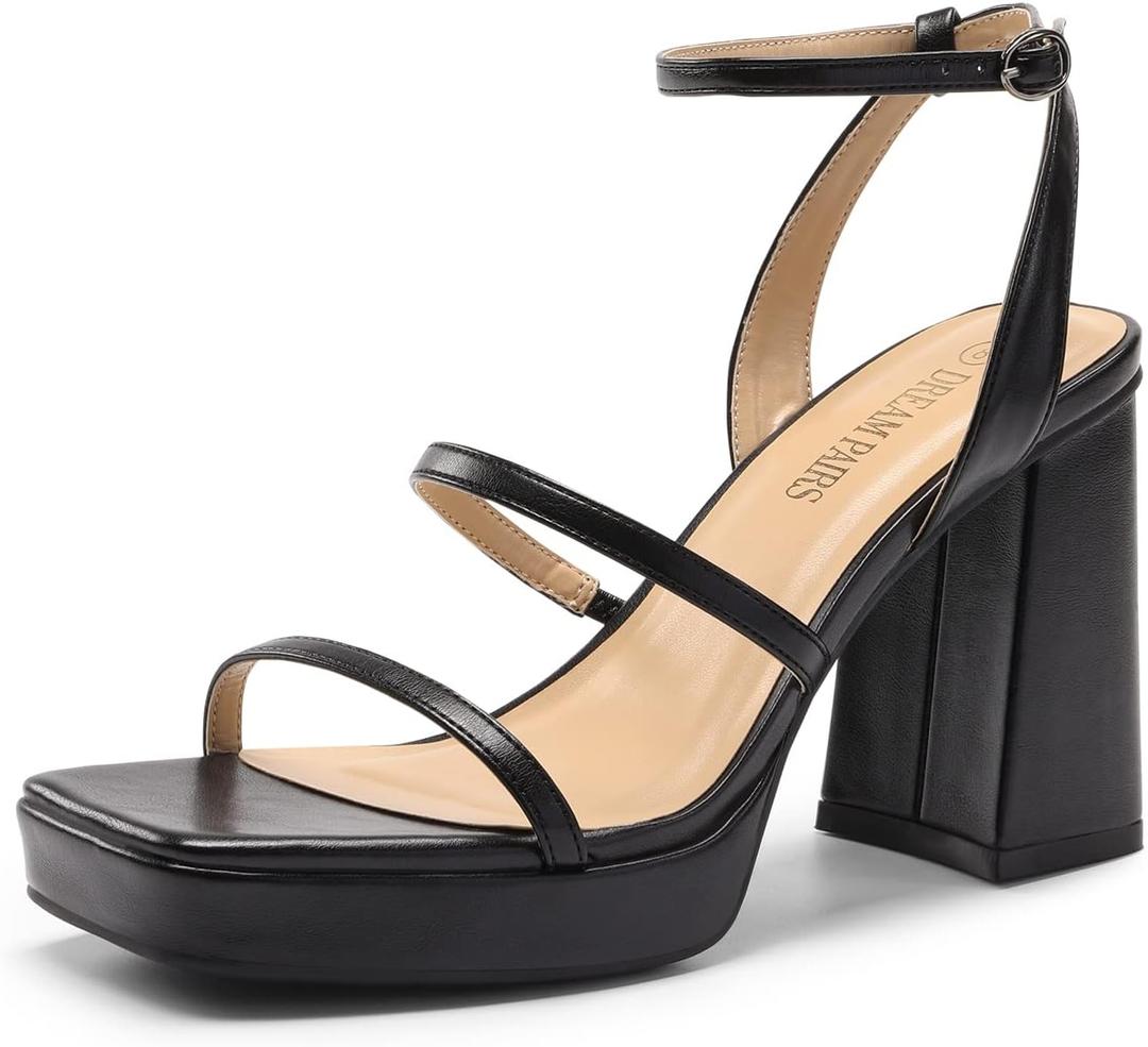 DREAM PAIRS Women's Platform Strappy Heels Open Toe Ankle Strap Square Party Sandals Y2K Dress Shoes (7, Black)