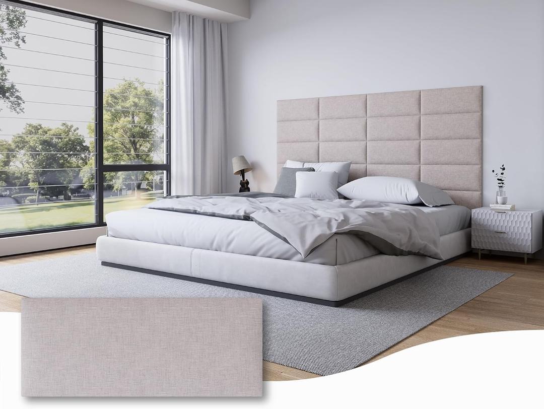 6 Panels Upholstered Stick-On Headboard for Full Bed, Peel and Stick Fabric Wall Panels, Soundproof and Anti-Collision, Tufted Padded Bed Backrest, Each 10x24, Modern Bedroom Accent, Beige