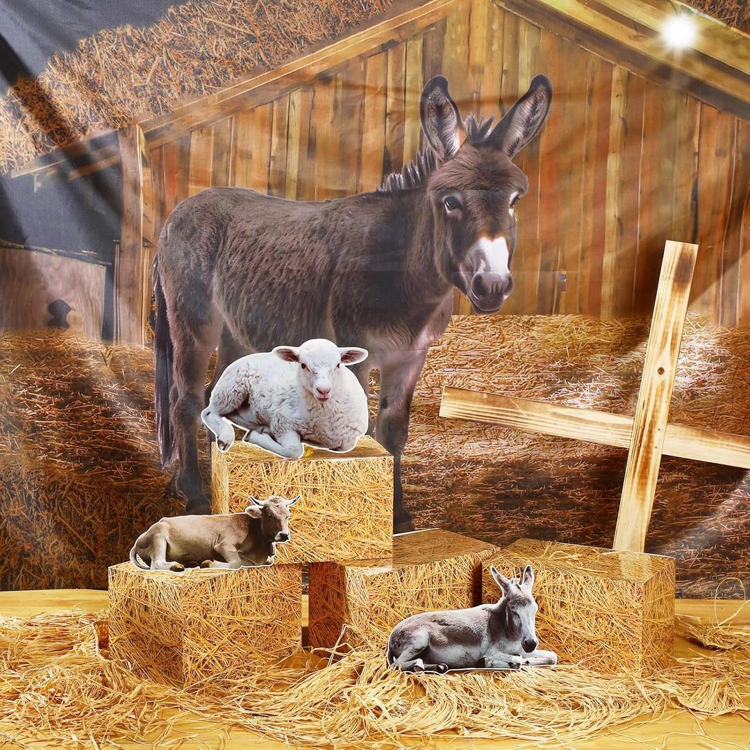 Bucherry 8 Pcs Christmas Nativity Scene Decorations 9 x 6 ft Christmas Manger Scenes Backdrop Nativity Scene Backdrop Banner Hay Bale Boxes Manger Animal Cardboard for Holy Family Christian Photo Prop
