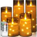 Homemory Flameless Candles with Embedded Star String Fairy Lights, Battery Operated Candles, LED Candle, Fake Candles with Remote Control and Timer for Halloween, Gray Acrylic, Set of 5(H4"5"6"8"8")