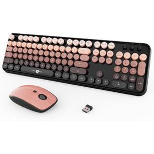 Wireless Keyboard and Mouse Combo, 104 Round Keys Cute Colorful Keyboard and Mouse with Retro Typewriter for PC/ Mac/ Laptop/ Tablet/ Computer/ Windows Black