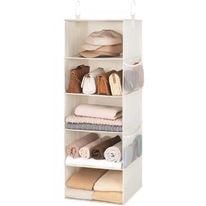 StorageWorks 5-Shelf Hanging Closet Organizers, Foldable Closet Storage Organizer with 2 Side Pockets, Portable Hanging Shelves for Clothes, Sweater, 12 12" D x 15" W x 48" H, White & Ivory