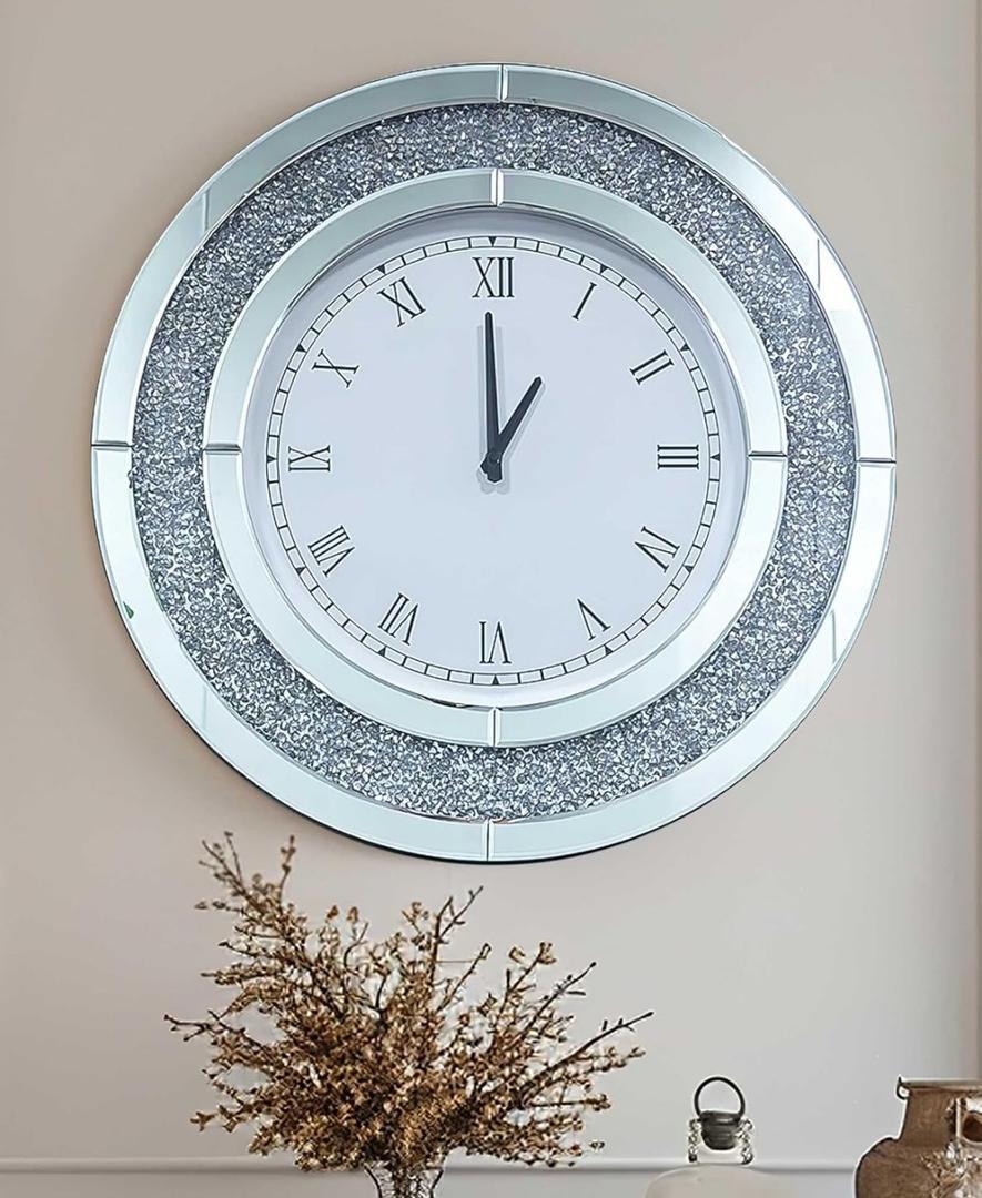 Crushed Diamond Wall Clock Round Decorative Mirrored Clock 32 inch Silver