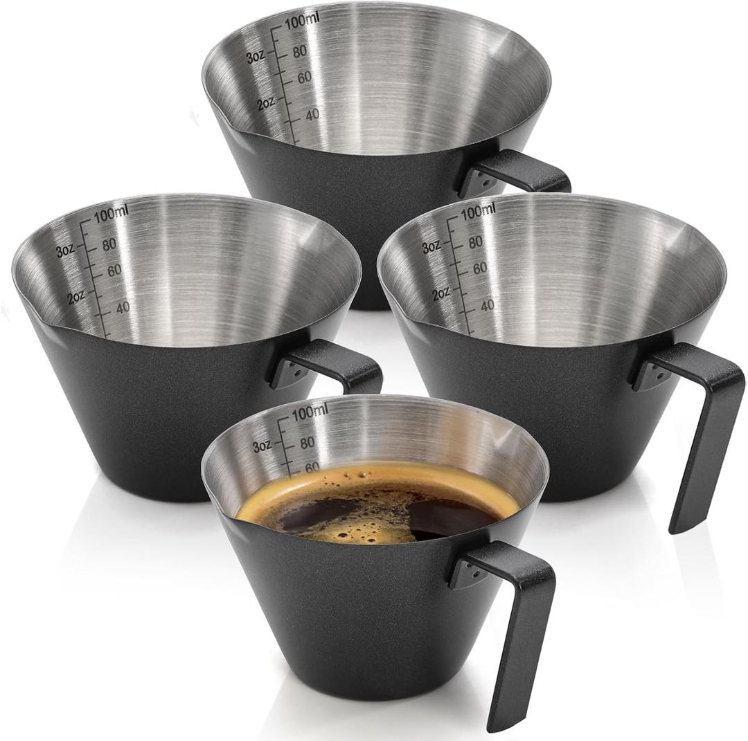 4 Pack Stainless Steel Espresso Measuring Cup, 3.4OZ/100ML Double Spout Espresso Shot Cups with Handle and Dual Scale, Small Coffee Pouring Cup, Coffee Accessories Sauce Cup, Dishwasher Safe
