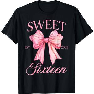 Groovy Sweet 16th Birthday Girl Coquette Bow 16 Year Old T-Shirt (Black)