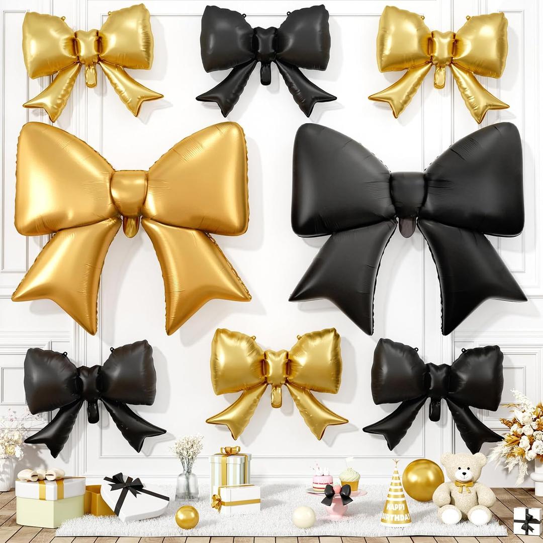 8 Pcs Black and Gold Bow Balloons, Bow Party Decorations, 38 In 21 In Different Sizes Giant Black Gold Foil Balloon for Girls Women Coquette Birthday Engagement Wedding Valentine's Day Decorations
