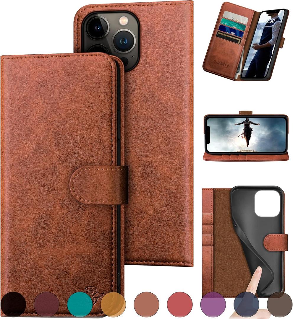 DuckSky for iPhone 13 Pro 6.1" Genuine Leather Wallet caseRFID Blocking4 Credit Card HolderReal Leather Flip Folio Book Protective Cover Women Men for Apple 13Pro Phone case Light Brown