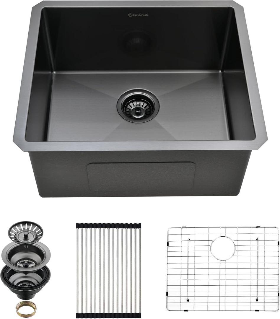 Undermount Kitchen Sink, 21 x 18 x 10 Inch Single Bowl Undermount Sink 16 Gauge T-304 Stainless Steel Gunmetal Black Kitchen Sinks